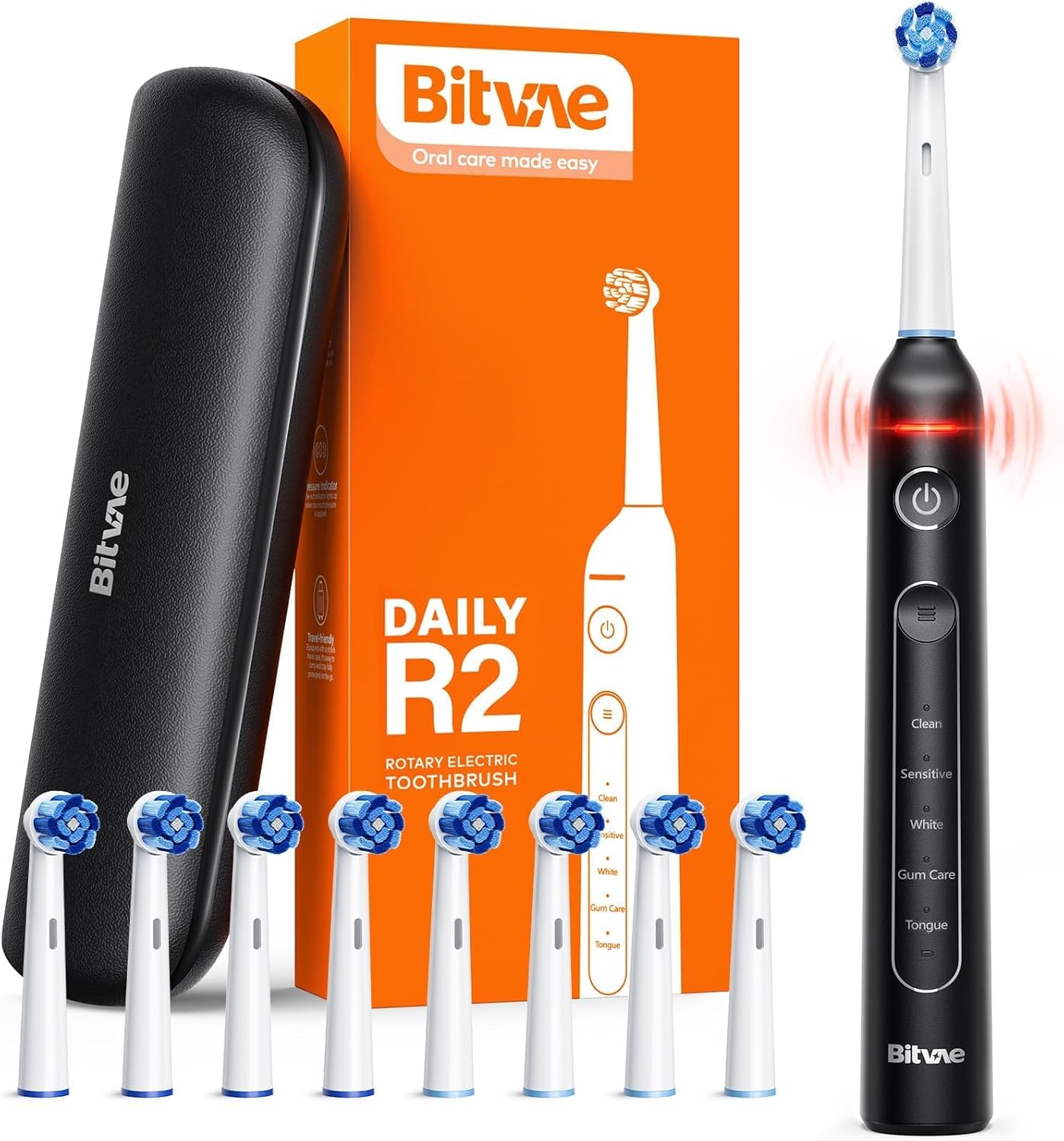 Bitvae R1 Rotating Electric Toothbrush with 8 Brush Heads for Adults and Kids, 60-Day Battery Life, 5 Modes Rechargeable Power Toothbrush with 2-Minute Smart Timer, Black