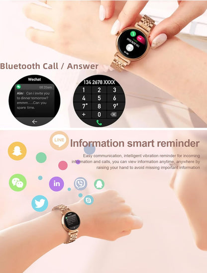 Smart Watch for Women Call Receive/Dial, 1.04'' AMOLED Touchscreen Fitness Tracker with Heart Rate/BP//SpO2/Sleep Monitor, IP68 Waterproof Round Women's Smartwatch for Android iOS Phones