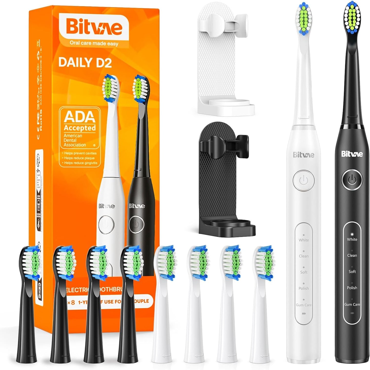 Bitvae Electric Toothbrush for Adults - Ultrasonic Electric Toothbrushes with 8 Brush Heads, ADA Accepted Power Rechargeable Toothbrush with 5 Modes, Smart Timer, Black D2