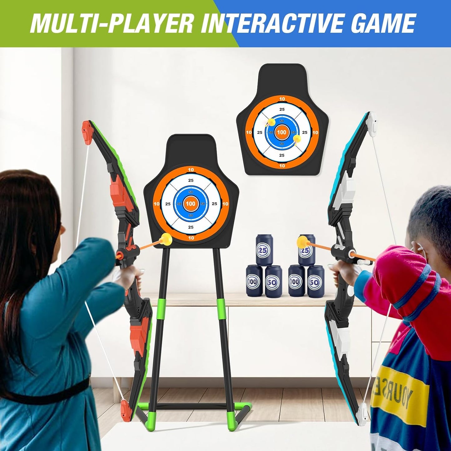 2 Pack Bow and Arrow for Kids, LED Light Up Archery Set with 12 Suction Cup Arrows, 1 Standing Target, 3 Score Targets & 1 Quiver, Indoor Outdoor Sport Gifts for Boys Girls Ages 4-12