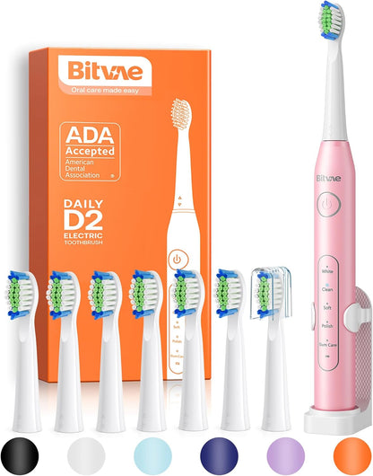 Bitvae Electric Toothbrush for Adults - Ultrasonic Electric Toothbrushes with 8 Brush Heads, ADA Accepted Power Rechargeable Toothbrush with 5 Modes, Smart Timer, Black D2