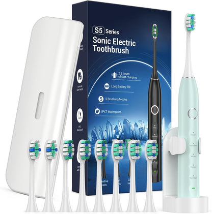 Electric Toothbrush for Adults with 8 Brush Heads, Sonic Toothbrush Rechargeable with a Holder & Travel Case, 2.5 Hours Charge for 120 Days Use - Pink