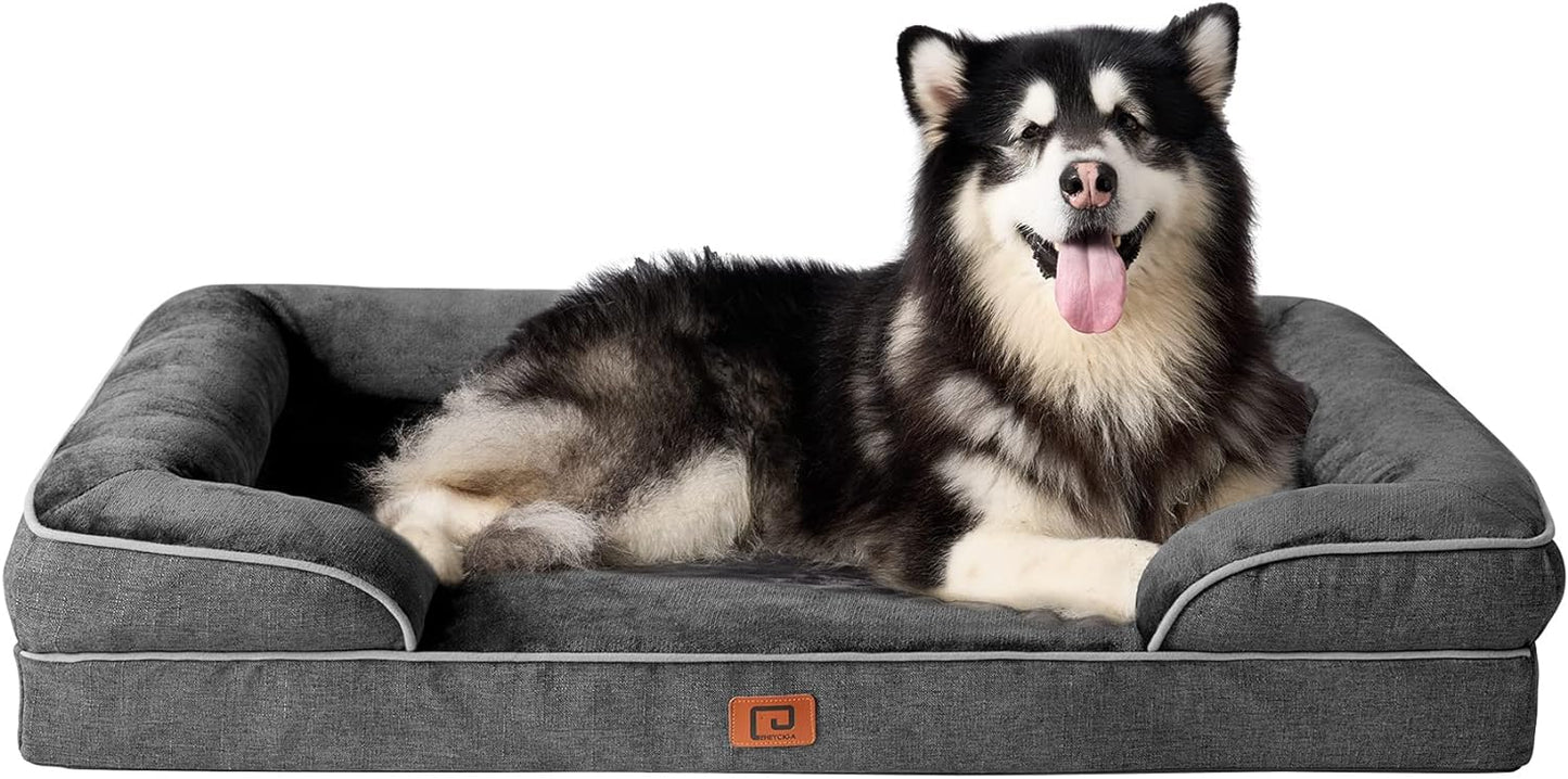 EHEYCIGA Orthopedic Dog Beds for Extra Large Dogs, Waterproof Memory Foam XL Dog Bed with Sides, Non-Slip Bottom and Egg-Crate Foam Big Dog Couch Bed with Washable Removable Cover, Grey