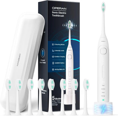 Operan Electric Toothbrush for Adults and Kids Rechargeable Sonic Toothbrush with 5 Modes 2-Min Smart Timer IPX7 Waterproof 40,000 VPM Motor with 8 Brush Heads & Travel Case (White)