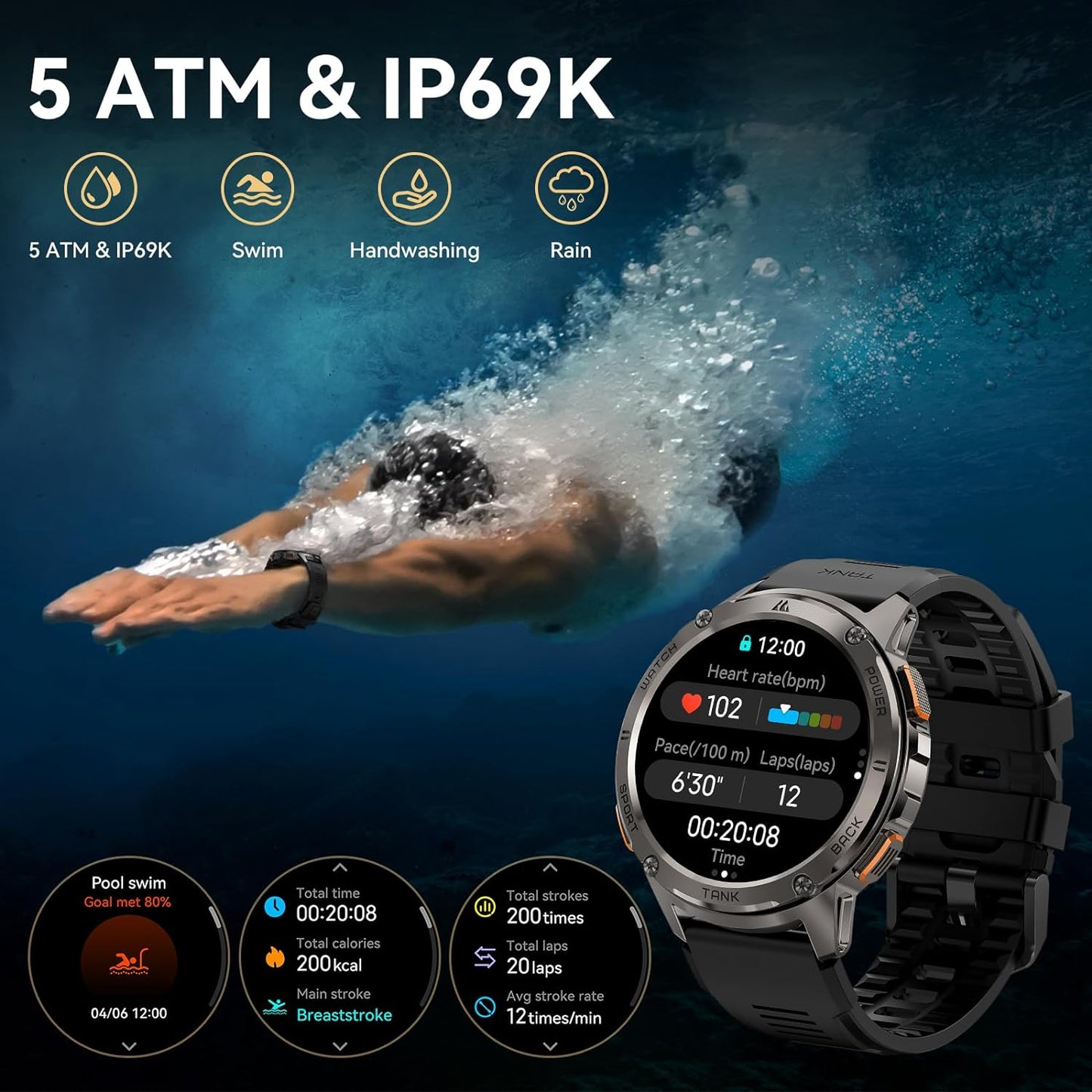 AMAZTIM Smart Watch, 60 Days Extra-Long Battery, 5ATM Waterproof Swimming Diving, Full Metal military tactical, Answer/Make Call, 1.43" AMOLED Display, Health Monitor Compatible for iPhone and Android