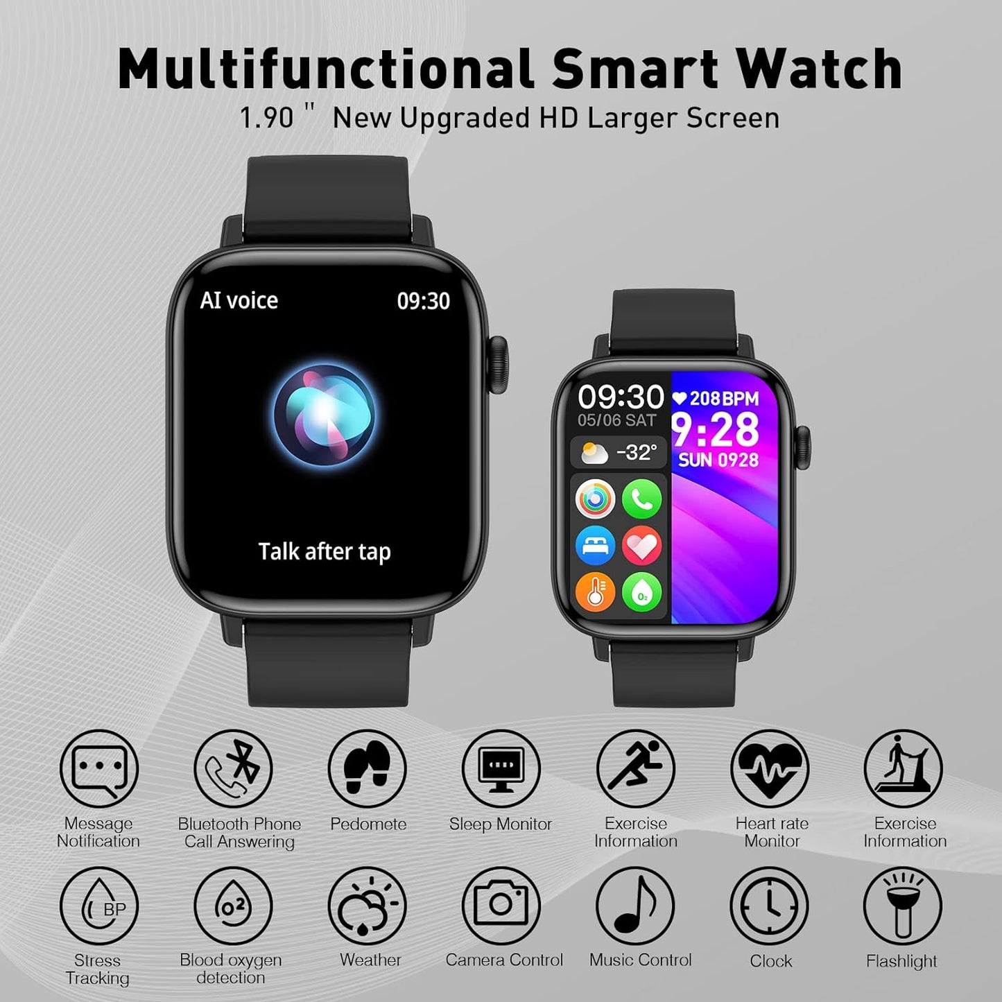 1.90'' with Smart Watch(Answer/Make Calls),Smart Fitness Tracker Watches for Android/iOS Phones,Bluetooth Call and Text Message/Sleep Monitor/Heart Rate/Android Smartwatch for Women Men