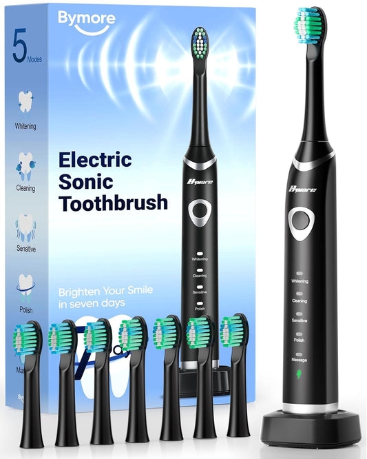 Bymore Electric Toothbrush for Adults,Travel Sonic toothbrush with 8 replacement heads, ultra clean rechargeable toothbrush Portable One Charge for 330days 5 modes 2mins timer-Black