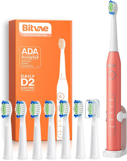 Bitvae Electric Toothbrush for Adults - Ultrasonic Electric Toothbrushes with 8 Brush Heads, ADA Accepted Power Rechargeable Toothbrush with 5 Modes, Smart Timer, Black D2