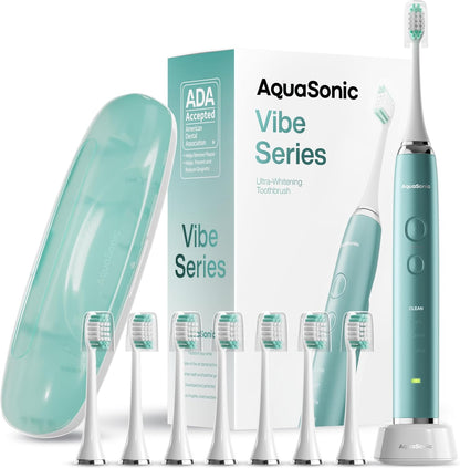 Aquasonic Vibe Series Ultra-Whitening Toothbrush – ADA Accepted Electric Toothbrush - 8 Brush Heads & Travel Case – 40,000 VPM Motor & Wireless Charging - 4 Modes w Smart Timer – Satin Rose Gold