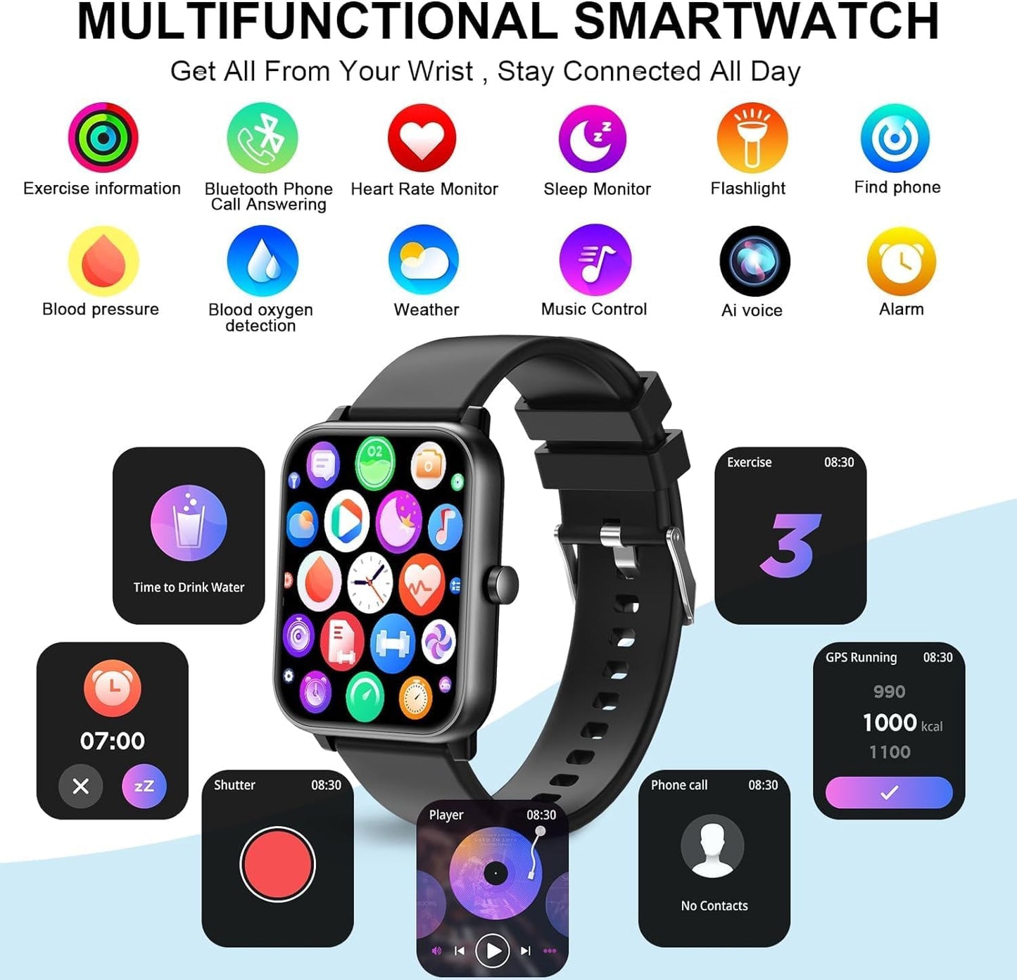 Smart Watch Full Touch Smart Watches for Android iOS Phones Compatible (Answer/Make Call) Smart Fitness Tracker Watch for Women Man Waterproof Smartwatch with Sleep/Heart Rate/sports/Step (Black)