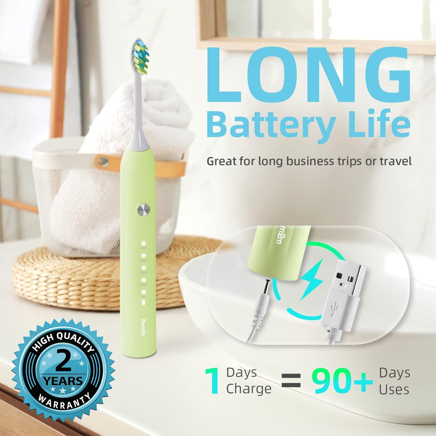 7AM2M Sonic Electric Toothbrush for Adults and Kids, with 6 Brush Heads, 5 Modes with 2 Minutes Build in Smart Timer, Roman Column Handle Design (Light Green, 1 Count (Pack of 1))