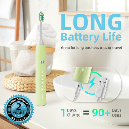 7AM2M Sonic Electric Toothbrush for Adults and Kids, with 6 Brush Heads, 5 Modes with 2 Minutes Build in Smart Timer, Roman Column Handle Design (Light Green, 1 Count (Pack of 1))