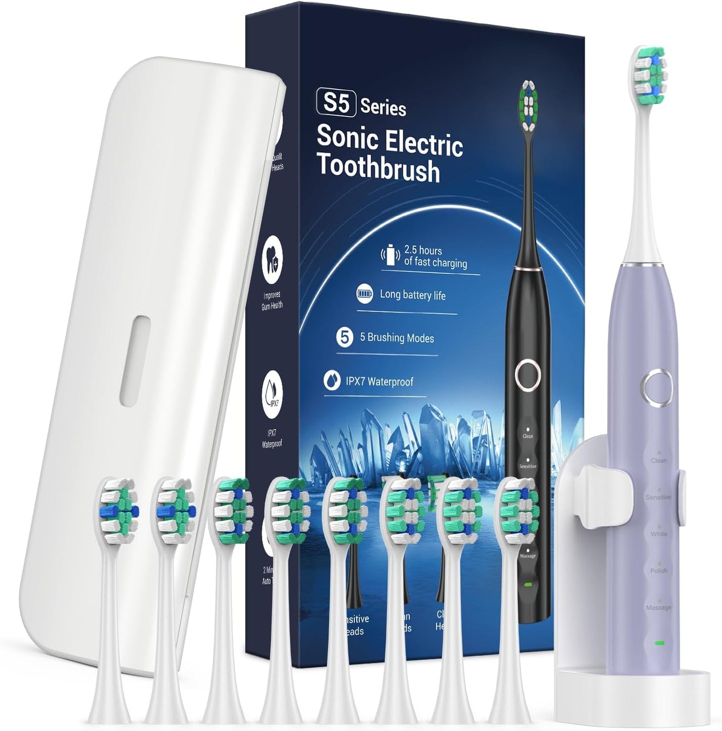 Electric Toothbrush for Adults with 8 Brush Heads, Sonic Toothbrush Rechargeable with a Holder & Travel Case, 2.5 Hours Charge for 120 Days Use - Pink