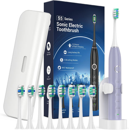 Electric Toothbrush for Adults with 8 Brush Heads, Sonic Toothbrush Rechargeable with a Holder & Travel Case, 2.5 Hours Charge for 120 Days Use - Pink