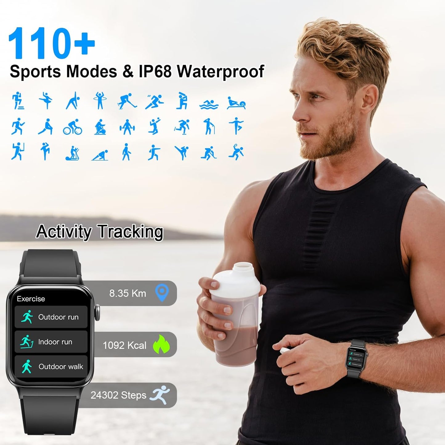 Smart Watch for Men Women, 1.85" Smartwatch (Answer/Make Call), IP68 Waterproof Fitness Tracker, 100+ Sport Modes, Heart Rate and Sleep Monitor, Pedometer, Smartwatches for Android iOS, Deep Black