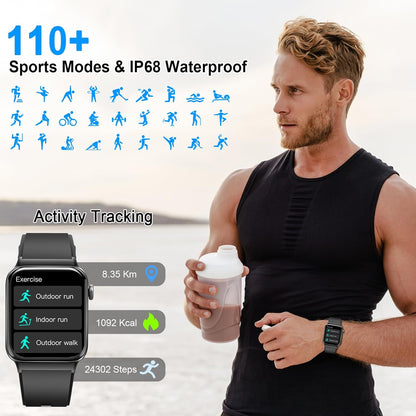 Smart Watch for Men Women, 1.85" Smartwatch (Answer/Make Call), IP68 Waterproof Fitness Tracker, 100+ Sport Modes, Heart Rate and Sleep Monitor, Pedometer, Smartwatches for Android iOS, Deep Black