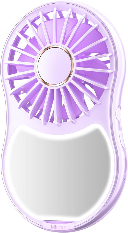 FrSara Portable Handheld Fan, 3-Speed Lash Fan with Makeup Mirror & LED, USB-C 2000mAH Rechargeable Personal Fan with stand, Mini Pocket Fan for Home, Office, Outdoor, Ideal for Women, Purple