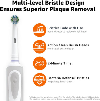 Amazon Basics Battery Powered Rechargeable Toothbrush with Action Clean Brush Heads and Charger, 4 Piece Set, White