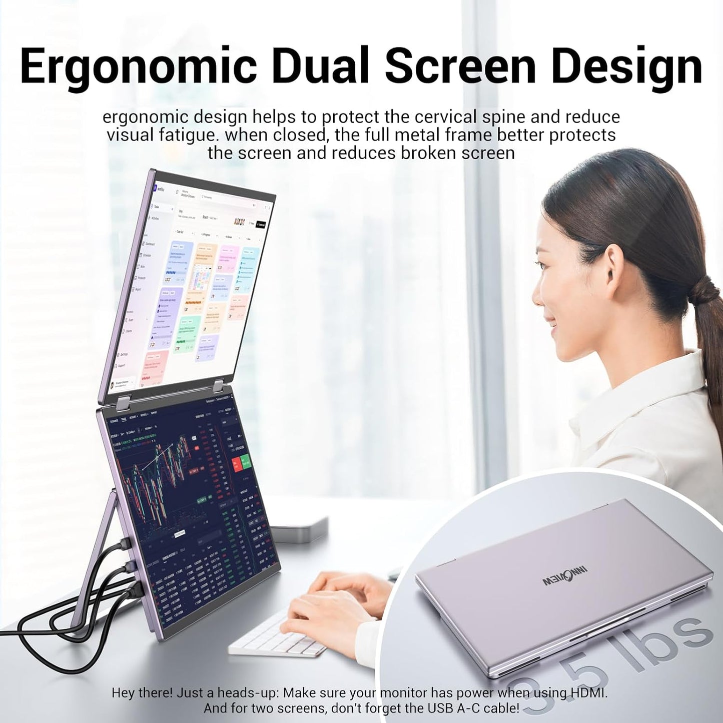 InnoView Laptop Screen Extender 15.6" Dual Monitors (Wins/Mac) Stacked Foldable Triple Monitor 1080P Portable Monitor for Laptop 90°/180° Automatic Rotation