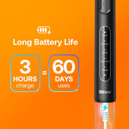 Bitvae R1 Rotating Electric Toothbrush with 8 Brush Heads for Adults and Kids, 60-Day Battery Life, 5 Modes Rechargeable Power Toothbrush with 2-Minute Smart Timer, Black