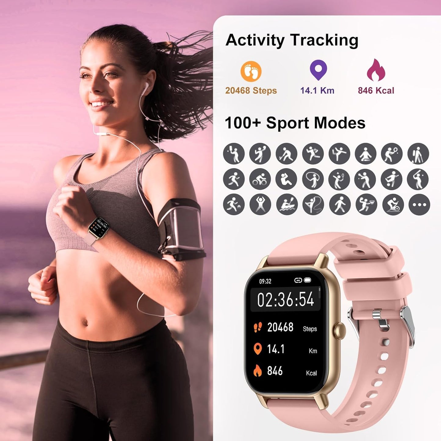 Smart Watch (Answer/Make Calls), 1.85" Smart Watches for Men Women 110+ Sport Modes Fitness Tracker with Sleep Heart Rate Monitor, Pedometer, IP68 Waterproof Fitness Watch for iOS Android, New Pink