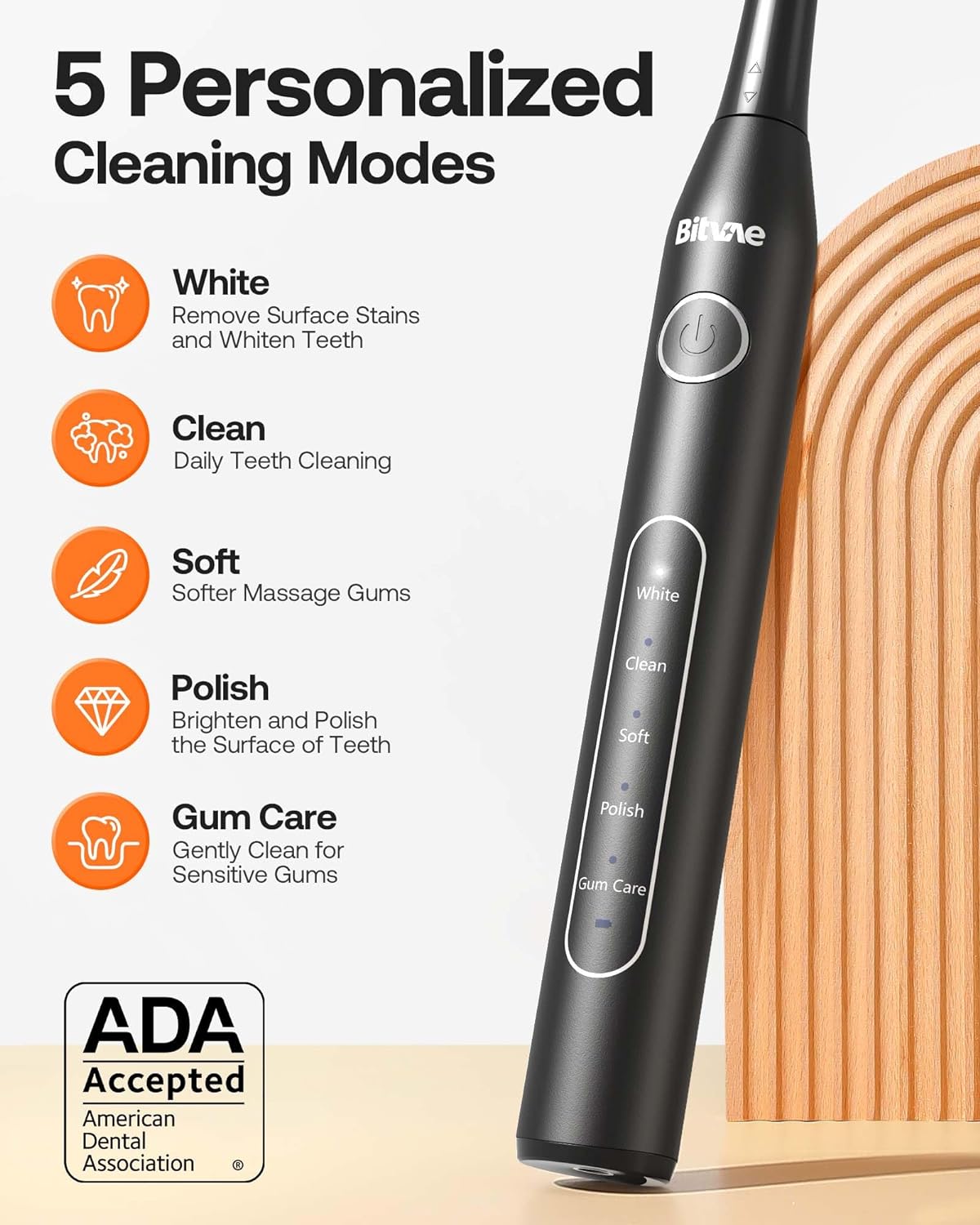 Bitvae Electric Toothbrush for Adults - Ultrasonic Electric Toothbrushes with 8 Brush Heads, ADA Accepted Power Rechargeable Toothbrush with 5 Modes, Smart Timer, Black D2