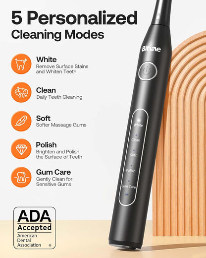 Bitvae Electric Toothbrush for Adults - Ultrasonic Electric Toothbrushes with 8 Brush Heads, ADA Accepted Power Rechargeable Toothbrush with 5 Modes, Smart Timer, Black D2