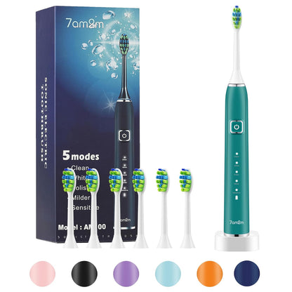 7AM2M Sonic Electric Toothbrush with 6 Brush Heads for Adults and Kids, One Charge for 90 Days, Wireless Fast Charge, 5 Modes with 2 Minutes Built in Smart Timer, Electric Toothbrushes(Pink)