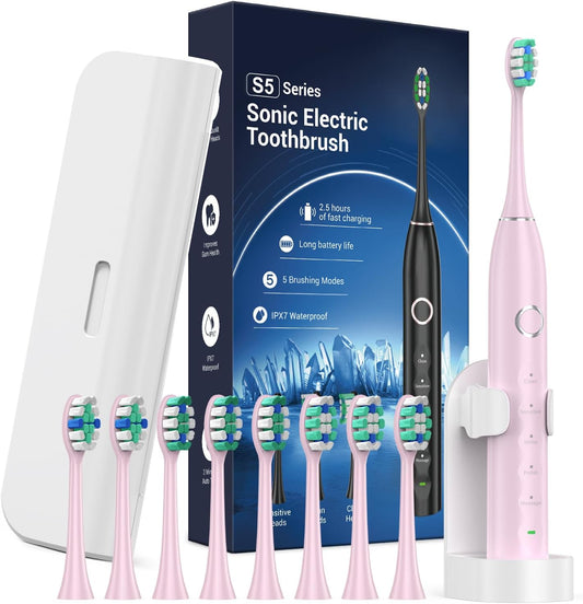 Electric Toothbrush for Adults with 8 Brush Heads, Sonic Toothbrush Rechargeable with a Holder & Travel Case, 2.5 Hours Charge for 120 Days Use - Pink