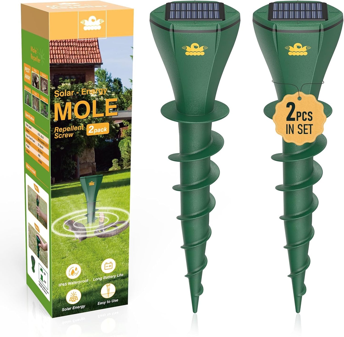 2PCS Mole Repellent Solar Powered, 3 Modes, Repels Moles, Gophers, Snakes and Voles by Vibrating and Varying The Sonic at 2 Minute intervals.