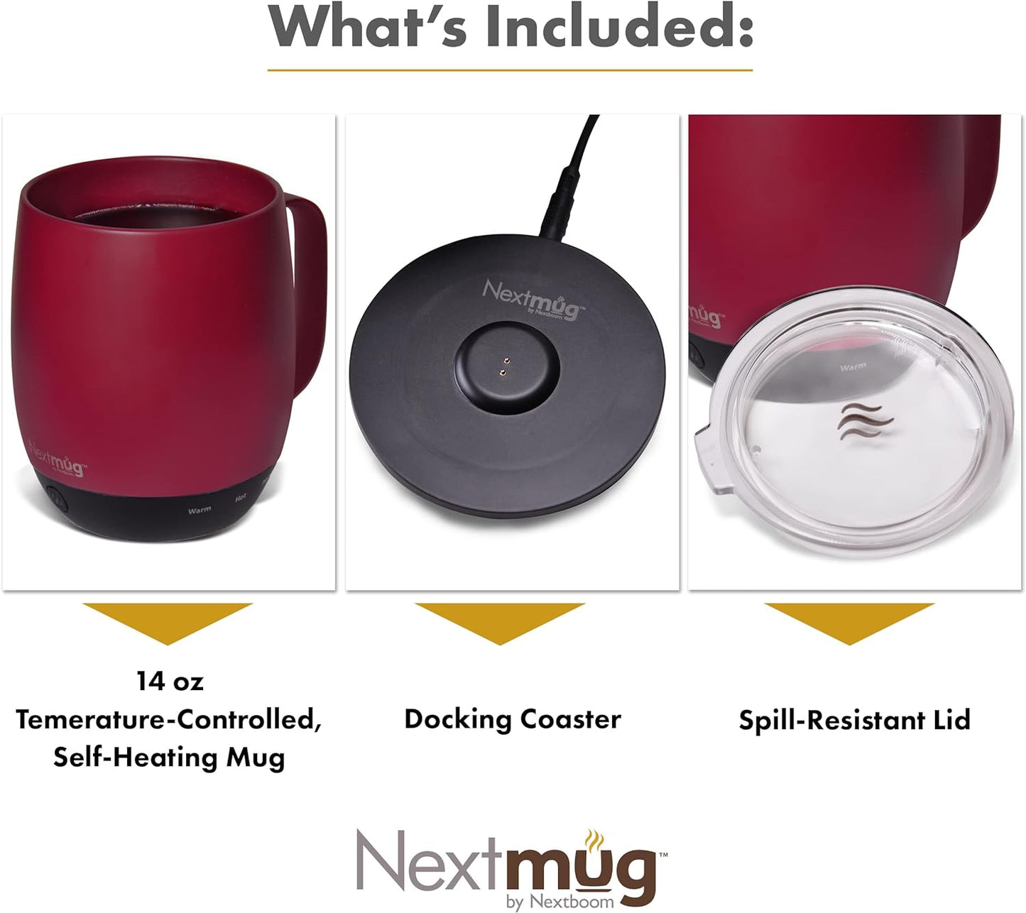 Nextmug - Temperature-Controlled, Self-Heating Coffee Mug (Burgundy - 14 oz.)