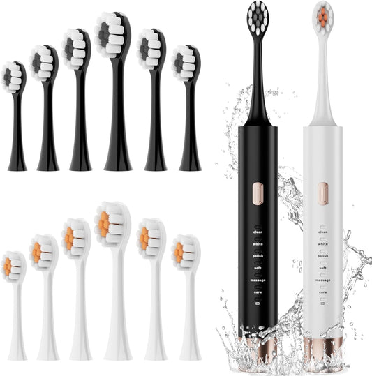 Sonic Electric Toothbrush 2 Pack，Electric Toothbrush for Adults and Kids ，Travel Electric Toothbrush includes 12 Brush Heads，IPx8 Waterproof （Black & White ）