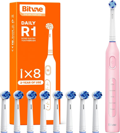 Bitvae R1 Rotating Electric Toothbrush with 8 Brush Heads for Adults and Kids, 60-Day Battery Life, 5 Modes Rechargeable Power Toothbrush with 2-Minute Smart Timer, Black