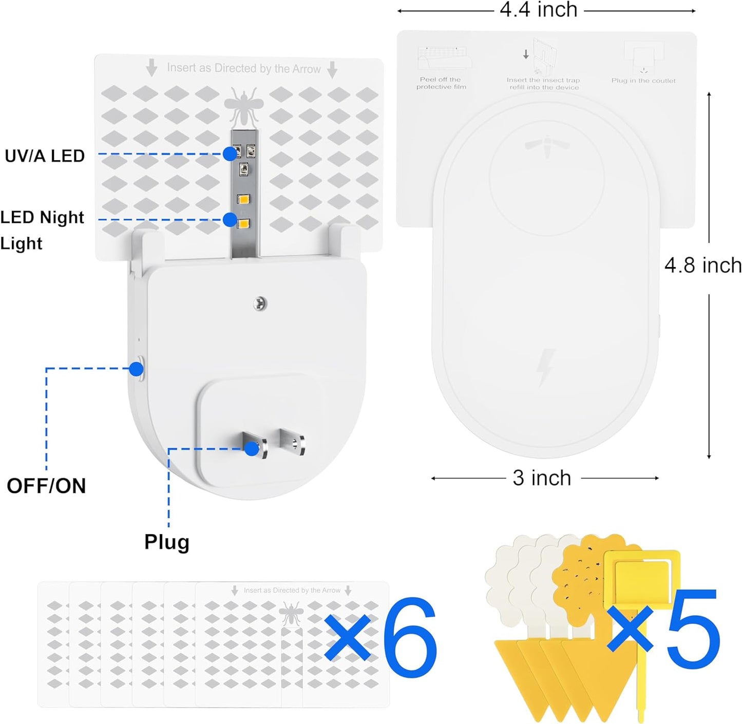 Fly Trap Indoor - Fruit Fly Traps for Indoors Plug-in Flying Insect Trap for Mosquito, Flies, Fruit Flies, Gnats, Moths with 4 Sticky Traps (1 Device + 6 Glue Cards)