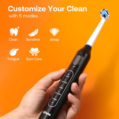 Bitvae R1 Rotating Electric Toothbrush with 8 Brush Heads for Adults and Kids, 60-Day Battery Life, 5 Modes Rechargeable Power Toothbrush with 2-Minute Smart Timer, Black