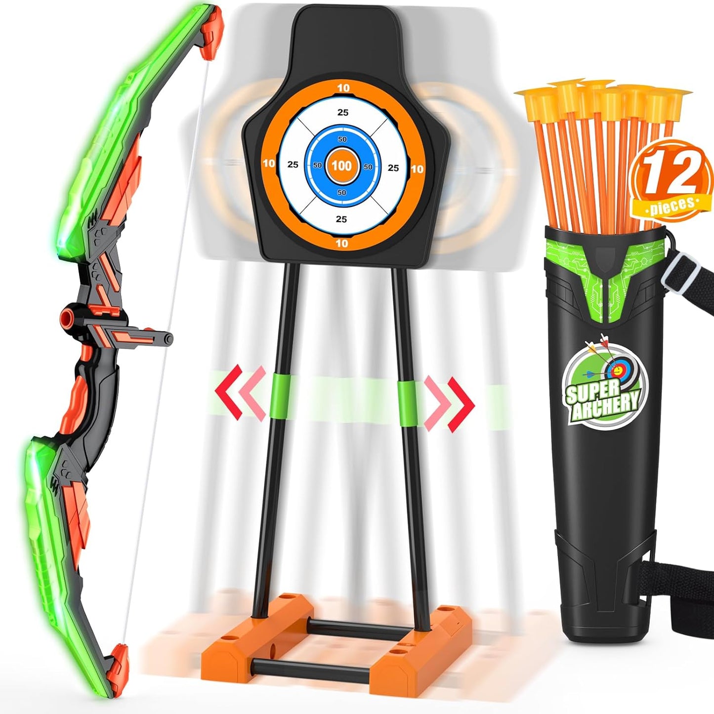 2 Pack Bow and Arrow for Kids, LED Light Up Archery Set with 12 Suction Cup Arrows, 1 Standing Target, 3 Score Targets & 1 Quiver, Indoor Outdoor Sport Gifts for Boys Girls Ages 4-12