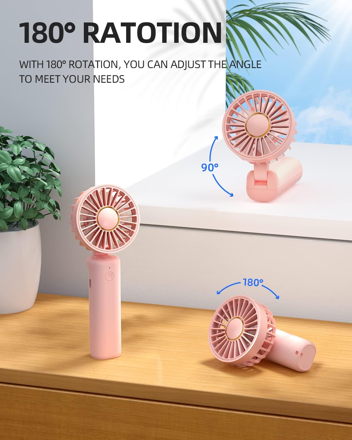 FrSara Mini Handheld Fan Rechargeable, Small Folding Fan Upgraded Wind Power, 3-Speed, 2000mAh Long Battery Life, Power Bank, Quiet, Portable, Suitable for Outdoor Travel Pink