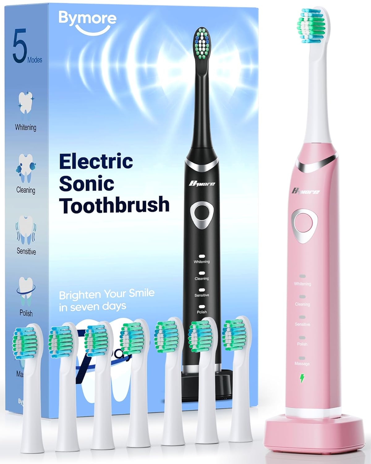 Bymore Electric Toothbrush for Adults,Travel Sonic toothbrush with 8 replacement heads, ultra clean rechargeable toothbrush Portable One Charge for 330days 5 modes 2mins timer-Black