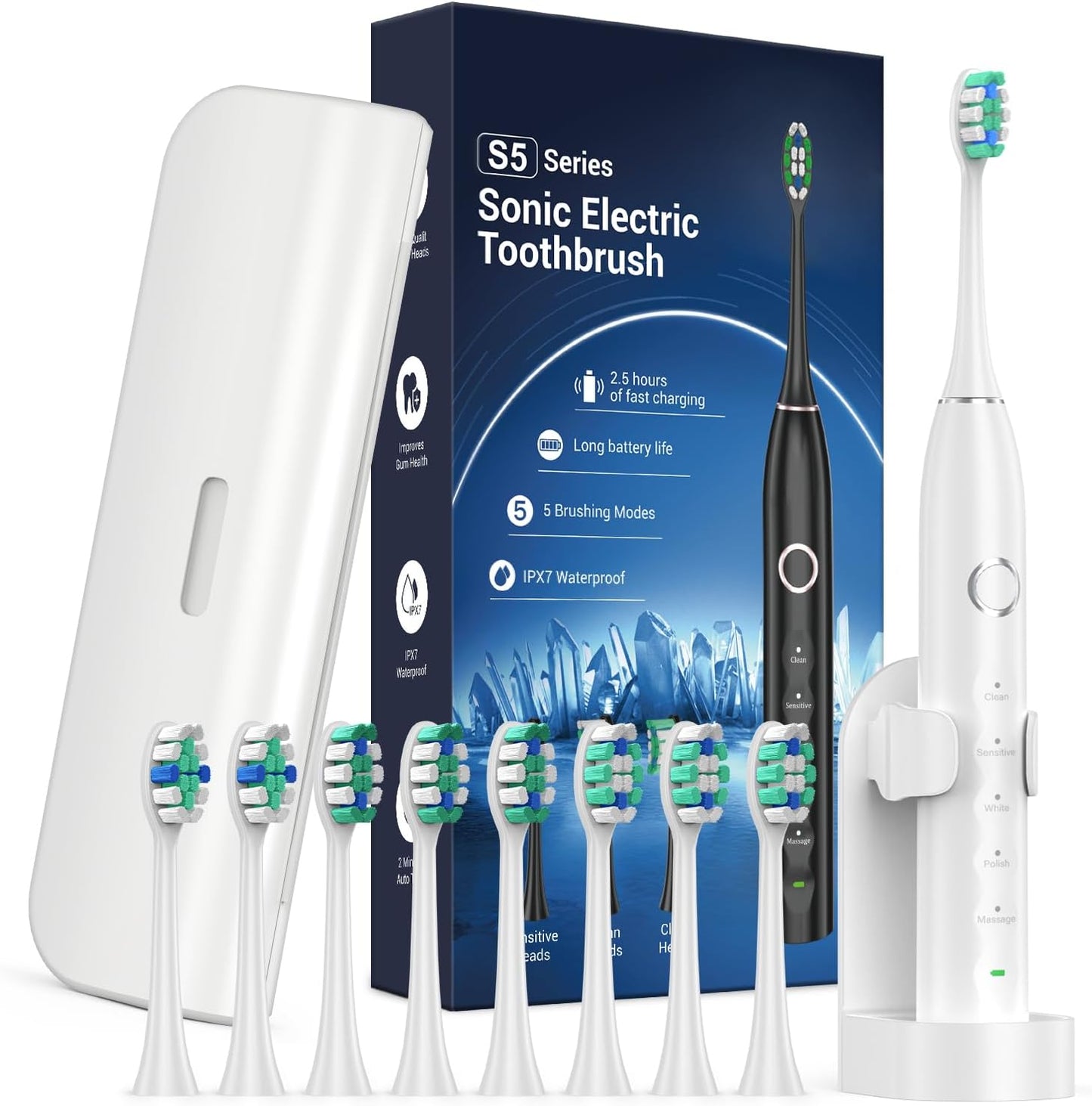 Electric Toothbrush for Adults with 8 Brush Heads, Sonic Toothbrush Rechargeable with a Holder & Travel Case, 2.5 Hours Charge for 120 Days Use - Pink