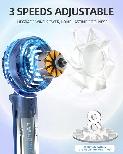 FrSara Portable Handheld Fan, Mini Desk Fan, Multi-Function Fan, 2000mAh Ultra-Long Battery Life, Ultra-Quiet, 3-Speed Adjustment(Blue)