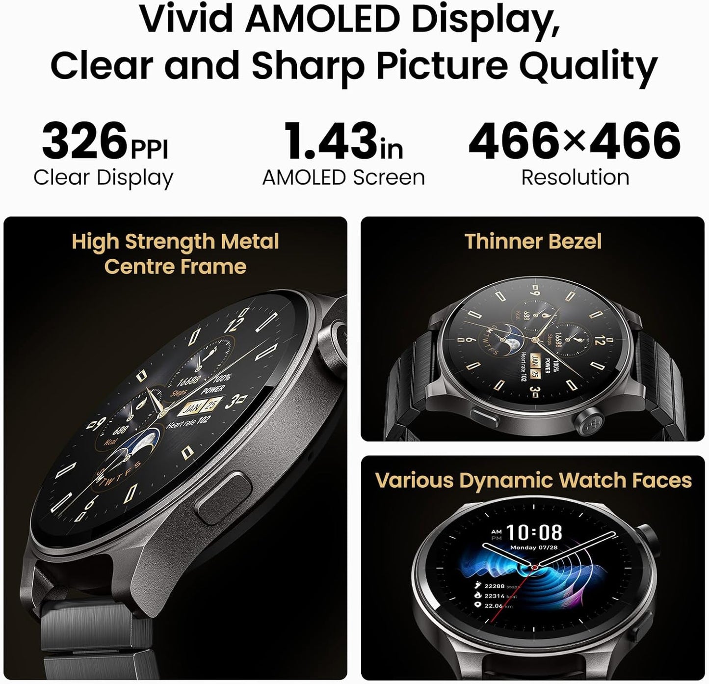 TOZO S5 Smart Watch (Answer/Make Calls), 1.43’’ AMOLED Smart Watches for Men Women 100+ Sport Modes Fitness Watch with Blood Oxygen/Sleep/Heart Rate Monitor, IP68 Waterproof Smartwatch