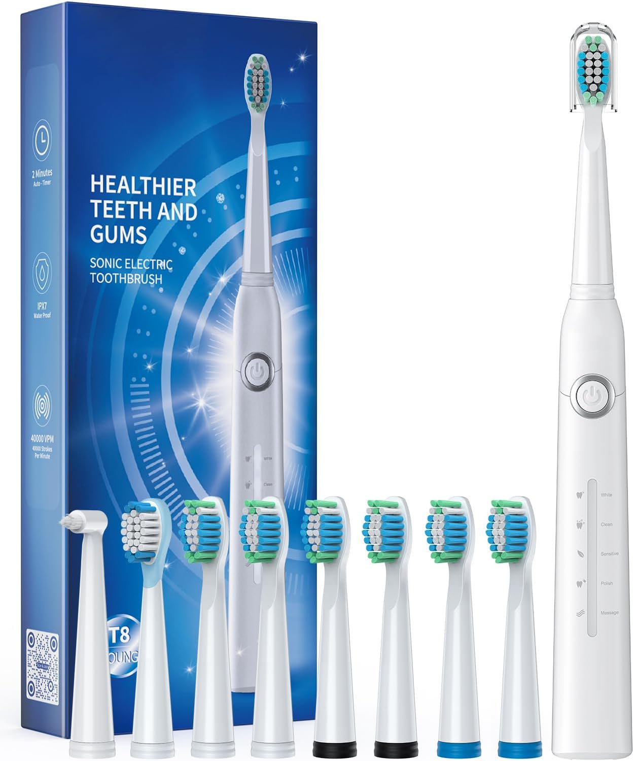 Electric Toothbrush for Adults with 8  , Sonic Electric Toothbrush with 40000 VPM Deep Clean 5 Modes, Rechargeable Toothbrushes Fast Charge 4 Hours Last 30 Days