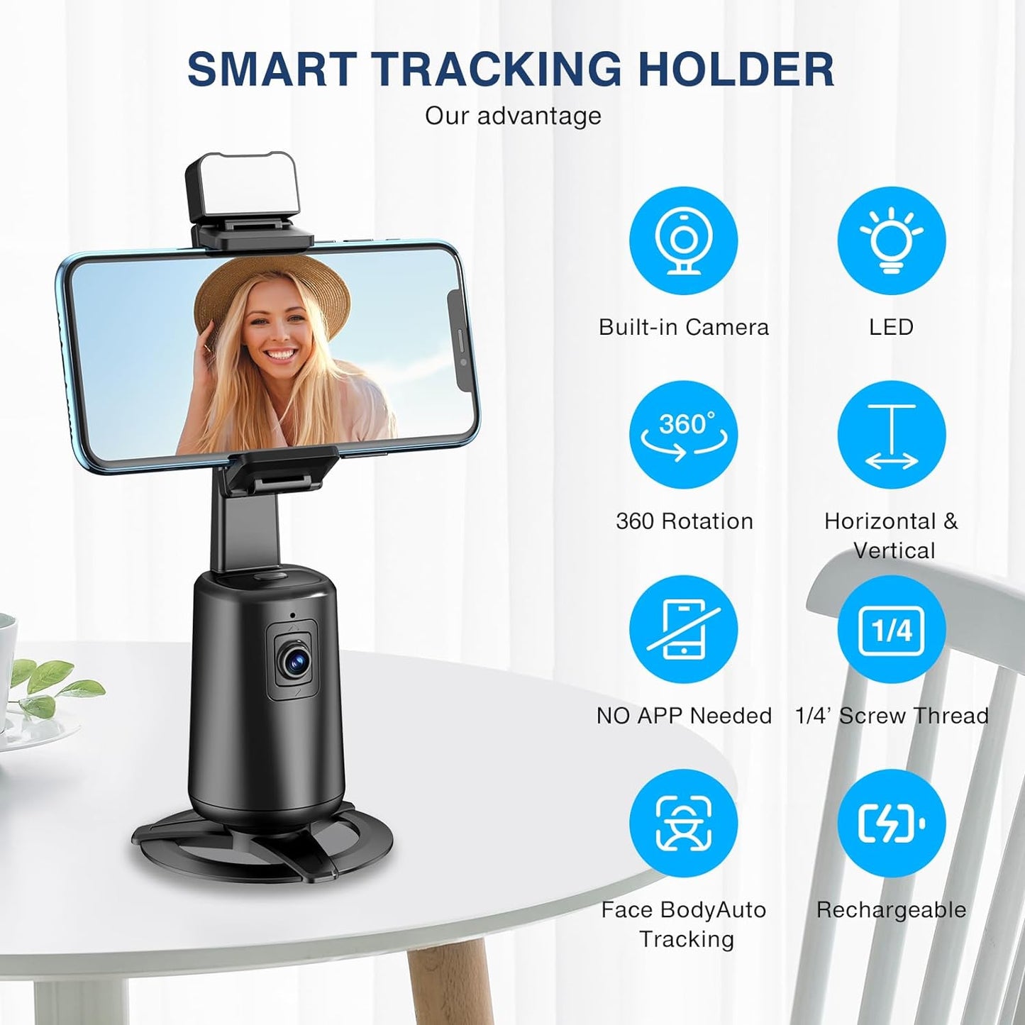 Auto Face Tracking Tripod 360° Rotating Auto Tracking Phone Stand, No App, Phone Camera Stand with Remote and Gesture Control, Rechargeable Smart Shooting Stand for Live Video Recording Tiktok