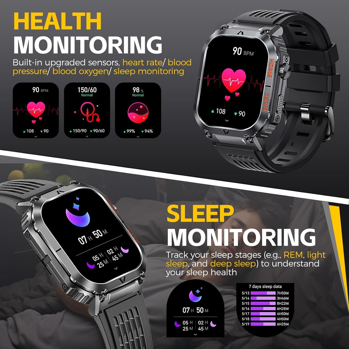 Military Smart Watch for Men 5ATM Waterproof with Call 2.02" Large Screen Rugged Outdoor Tactical Smartwatch with Compass Fitness Watch with Heart Rate Blood Pressure Monitor for iPhone Android Phone