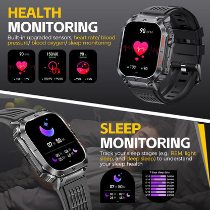 Military Smart Watch for Men 5ATM Waterproof with Call 2.02" Large Screen Rugged Outdoor Tactical Smartwatch with Compass Fitness Watch with Heart Rate Blood Pressure Monitor for iPhone Android Phone