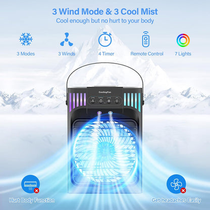 Portable air conditioner,1200 milliliter Cooling fan Air Conditioner with Remote,4 Wind Speed & 7 Led Light,3 Mist&2-8H Timer,Personal Air Conditioner