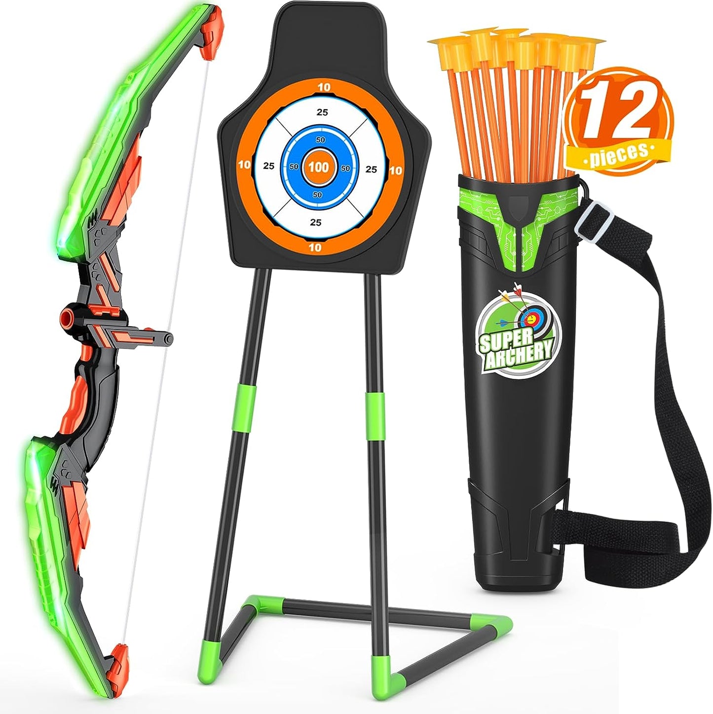 2 Pack Bow and Arrow for Kids, LED Light Up Archery Set with 12 Suction Cup Arrows, 1 Standing Target, 3 Score Targets & 1 Quiver, Indoor Outdoor Sport Gifts for Boys Girls Ages 4-12