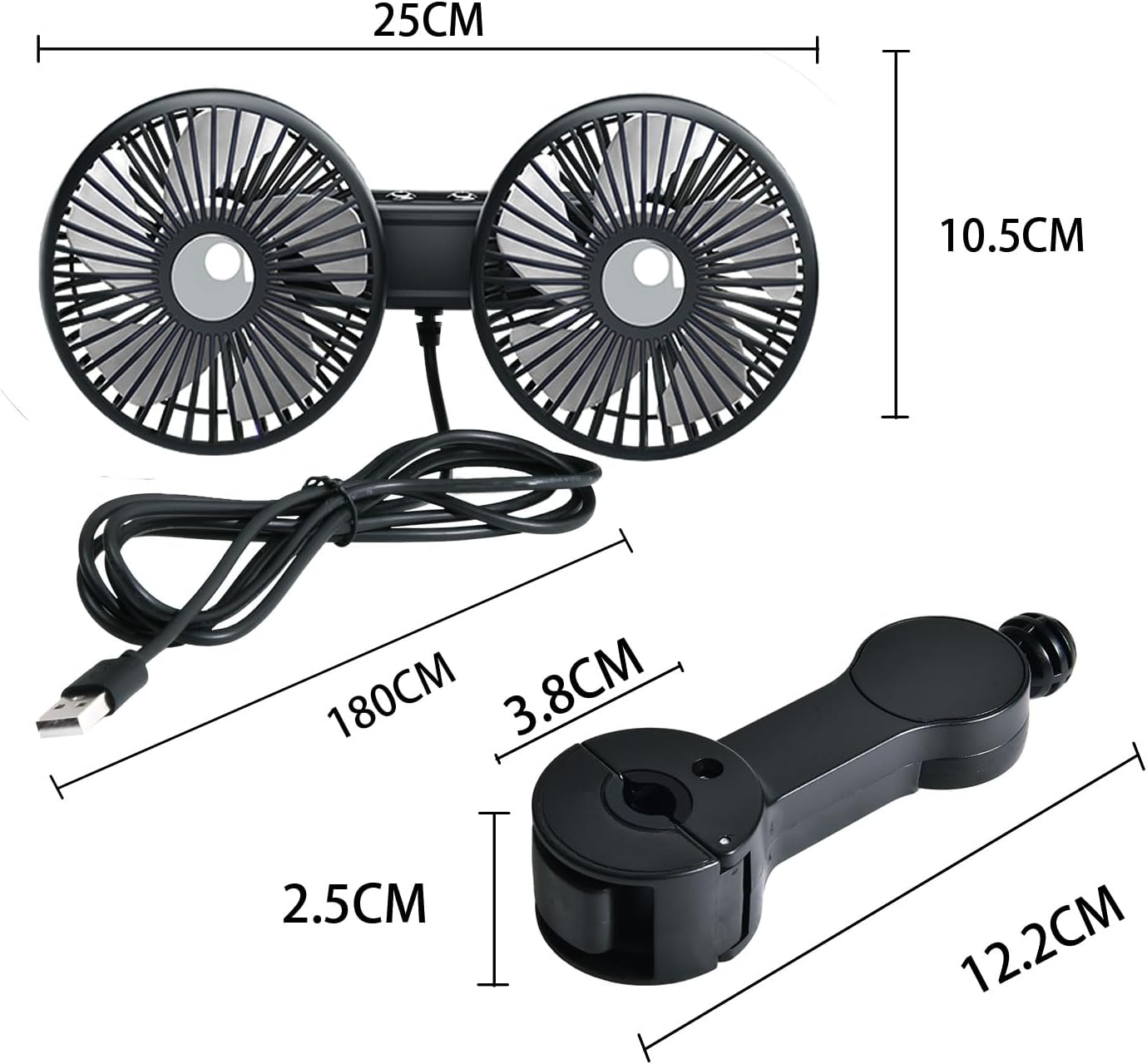 ELOHEI Backseat Car Fan,12V Quiet 3 Speed 360° Rotate Dual Head Usb Car Fans Strong Wind Power for Universal Cars SUV Sedan Trucks(Black)