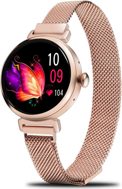 Minimalist Fashion Smart Watch for Women (Answer/Make Calls), World Smallest Round 1.04" AMOLED Screen Fitness Tracker with Heart Rate Sleep Monitor, Notification and a Free Leather Band