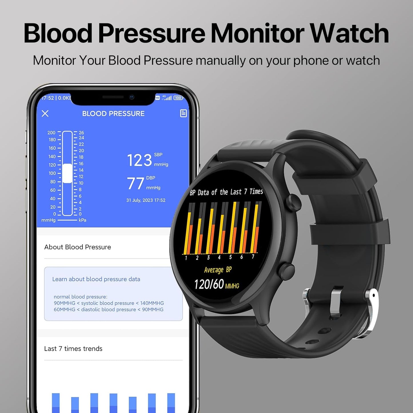 Blood Pressure Watches, Android Smart Watches for Men, Smart Watch for Women Men, Reloj Inteligente Para Hombre, Waterproof Fitness Tracker 150+ Sport Modes Smartwatch, 1.4“ Round Black